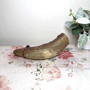 Vintage Real Horn Black Powder Flask Primitive Horn w Leather Strap Muzzleloader